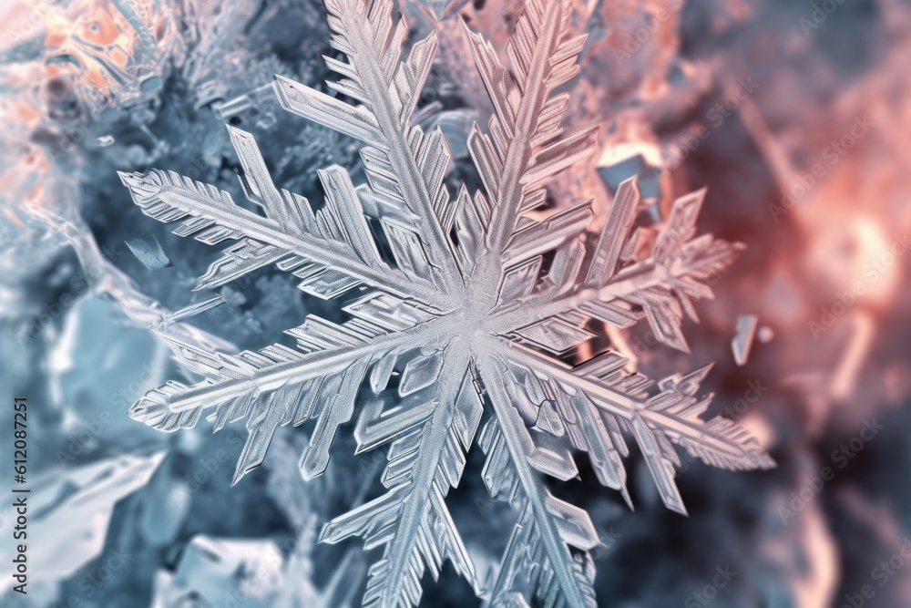 Poster a close up of a snowflake on a tree. generative ai image.