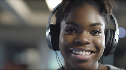 young adult woman working in an office with headset, call center or customer service, talking on the phone, talking on the phone, black african american woman, smiling friendly, fictional location