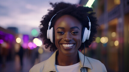 young adult woman with headset, listening to music or podcast, outside on a side street, free time, fictional location