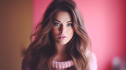 Fototapeta premium adult beautiful brunette woman wears a pink pastel style sweater, beauty pretty and comfortable clothes, portrait, front view, close-up