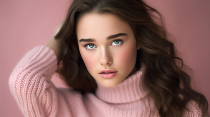 young adult beautiful brunette woman wears a pink pastel style sweater, beauty pretty and comfortable clothes, portrait, front view, close-up