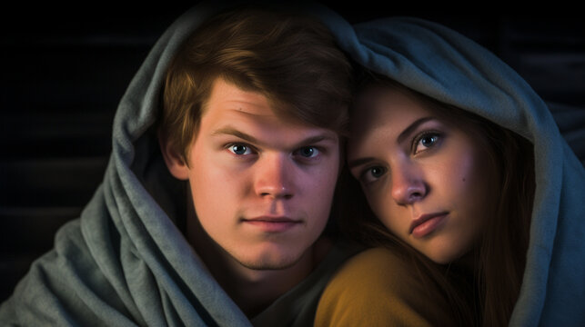 mand and woman couple under blanket