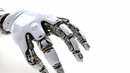 a hand of a robot, humanoid android with artificial intelligence, white, 4 fingers