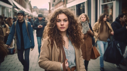 Obraz na płótnie Canvas young adult woman wearing a coat, in a shopping street in a city, fictional place, good mood and fun and joy, contentment, weekend or free time, strolling through town or shopping