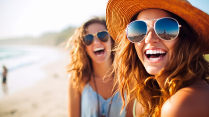 young joyful women on the beach, touristic, tourists having fun, fictional place