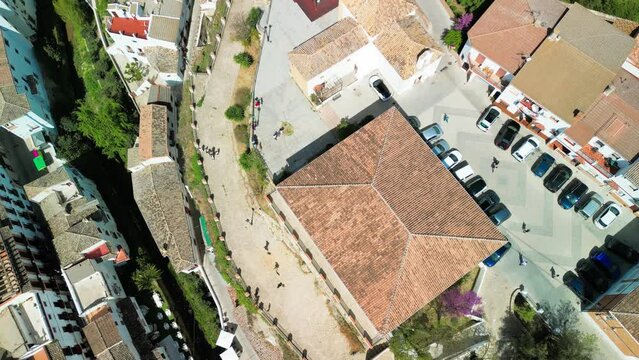 Aerial view of Setenil de las Bodegas, Andalusia. It is famous for its dwellings built into rock overhangs above the river