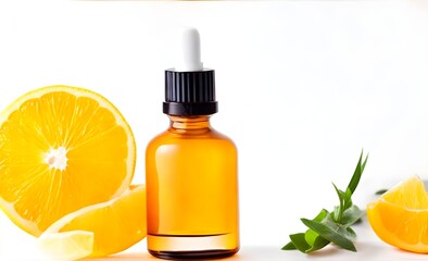 Serum oil vitamin C pipette and drops on white background copy space skin care beauty product. AI Generated