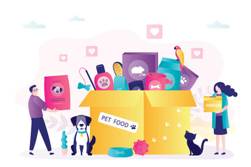 Volunteers collecting goods into donation box. Fundraising, volunteering and assistance to animals. Money and food donation for pets. Feed for homeless dogs and cats.