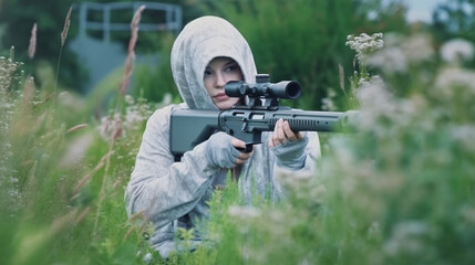 A young adult woman wearing a gray hoodie, kneeling in tall grass, taking cover, with a modern scoped sniper rifle