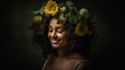 young adult woman, caucasian, with headdress, flowers and plants as decoration, mother nature or goddess or princess of nature and environment, fictional location