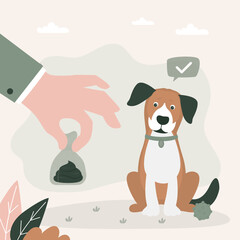 Owner hand holds plastic bag with dog shit. Dog poops during walk. Gathering excrement in special bag. Guy cleaning up after doggy.