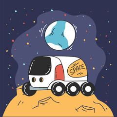 Space ship rocket launch spaceship on moon line art style concept. Vector graphic design illustration