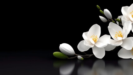 White magnolia flowers on black background. Generative AI - obrazy, fototapety, plakaty