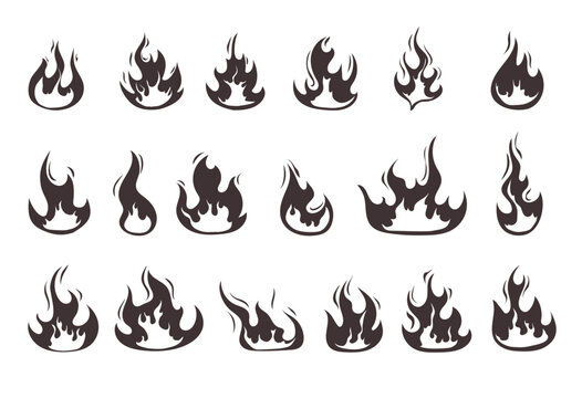 Fire flame burn black silhouette sketch isolated concept set. Vector design graphic illustration