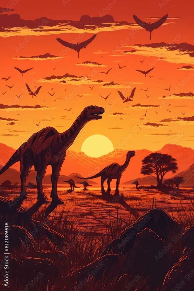 Poster a group of dinosaurs walking across a grass covered field. generative ai image.