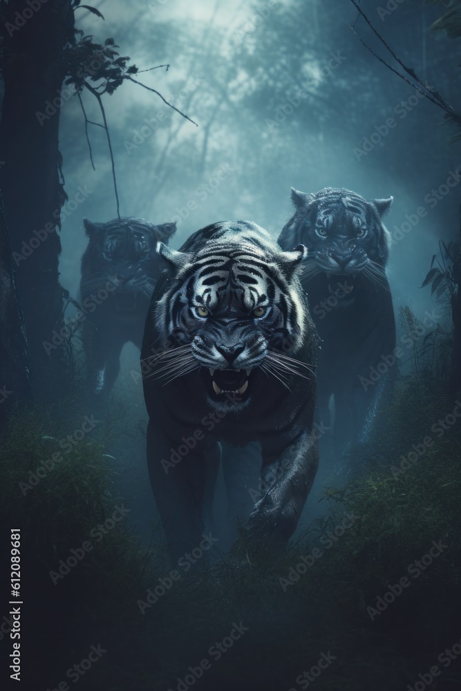 Poster a group of tigers walking through a forest. generative ai image.