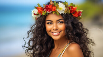 Naklejka premium creative of a young woman with floral decoration on her head, goddess of spring or goddess of plants and flowers, a young woman as a princess at the beach, vacation and beauty