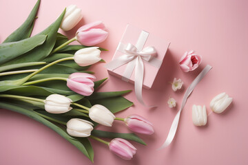 Fototapeta na wymiar Happy mothers Day concept. Top view of white and pink tulip flowers on pink pastel background. Flat lay. Generative AI