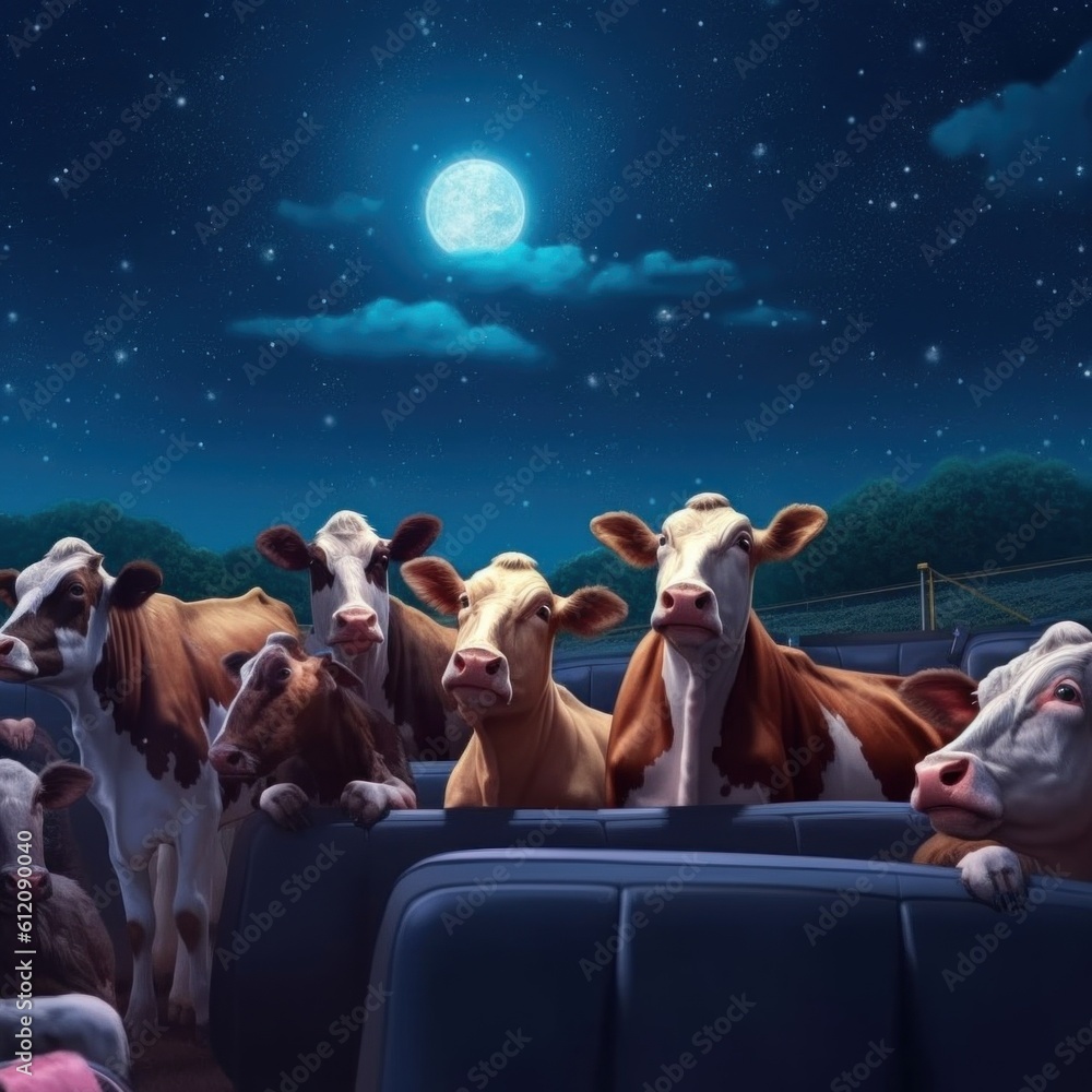 Aufkleber a group of cows sitting in the back of a car. generative ai image.