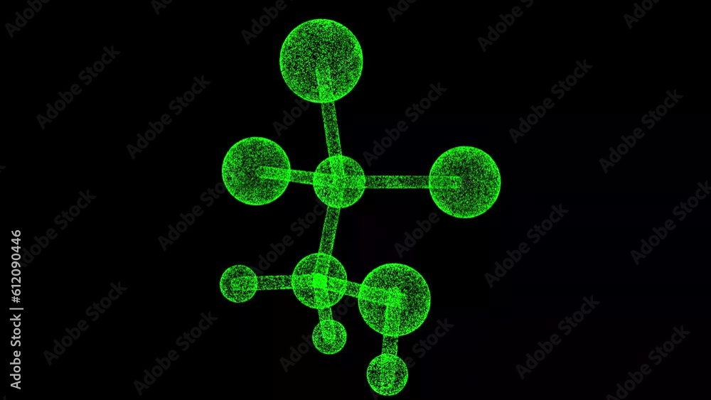Poster 3d molecule rotates on black bg. object dissolved flickering particles. scientific medical concept. 