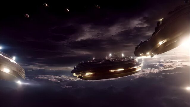 Alien flying saucers above earth
Rotating metallic ufos above earth, 4K, 2023

