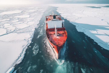 Aerial view of Large Cargo icebreaker sails in ice-cold ocean. Generative AI illustration - obrazy, fototapety, plakaty