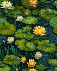 Wallpaper tileable pattern of of blooming lotus pond created with Generative AI technology	
