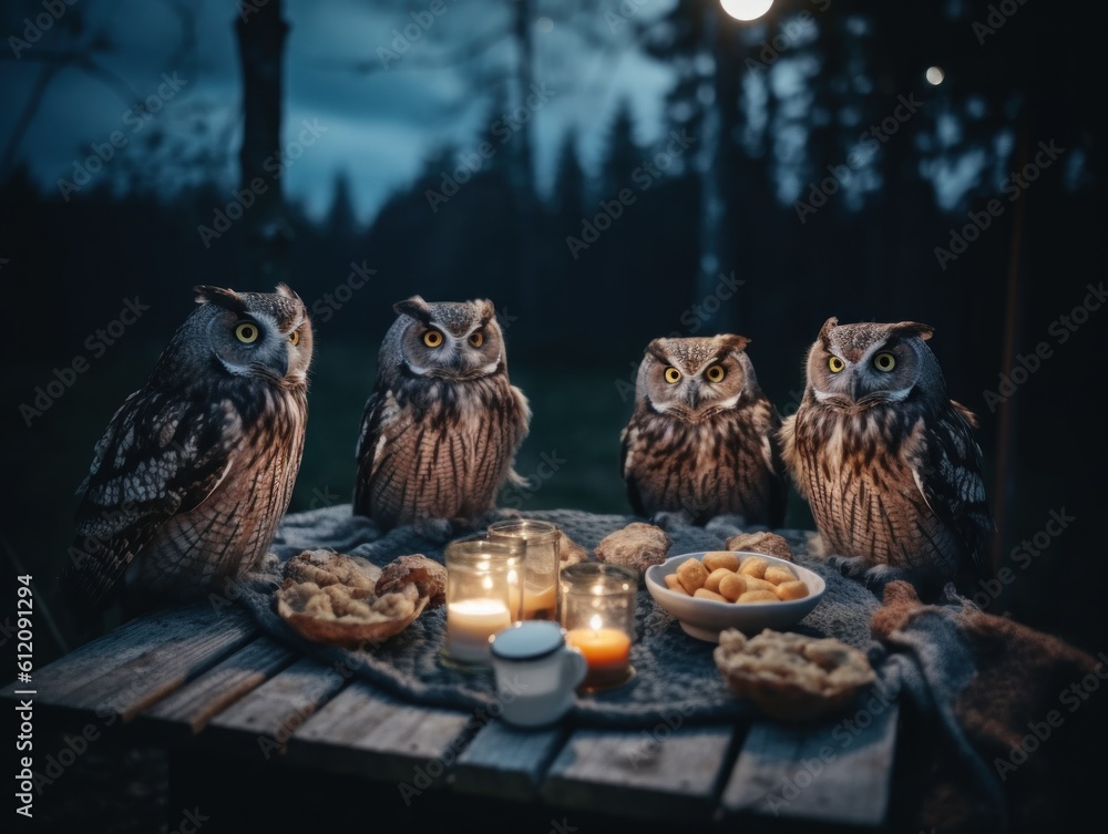 Poster a group of owls sitting around a table with food. generative ai image.