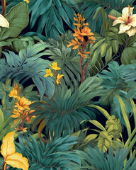 Wallpaper tileable pattern of tropical plants created with Generative AI technology	
