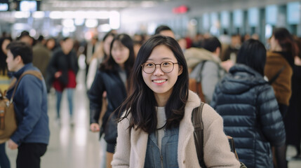 young adult woman, at the airport or train station, fictitious