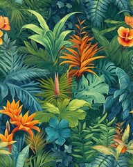 Wallpaper tileable pattern of tropical plants created with Generative AI technology	
