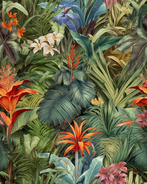 Wallpaper tileable pattern of tropical plants created with Generative AI technology © Oksana