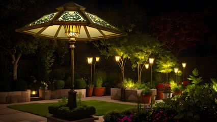 Fototapeta premium Beautiful Shining Lamps Garden Park Decor Environment At Night