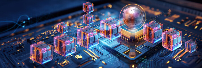 illustration of the function of the global online blockchain technology and block validation or creation process and connection as wide banner design with copy space area - Generative AI