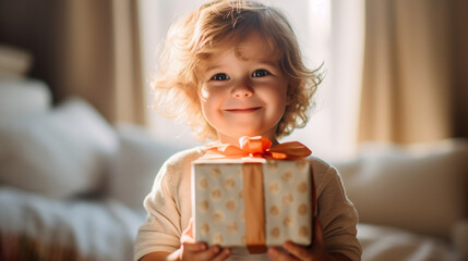 young child kid, at home with a christmas present, christmas eve, anticipation and christmas mood