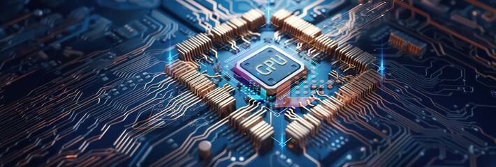 closeup on an advanced GPU ram microchip or cpu of a powerful computer board for artificial intelligence technology as wide banner design with copy space area - Generative AI