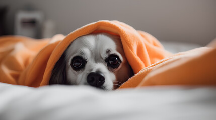 A cute white puppy is lying on the bed under a bright orange cozy blanket, sticking out his nose and looking at the camera. Generative AI.