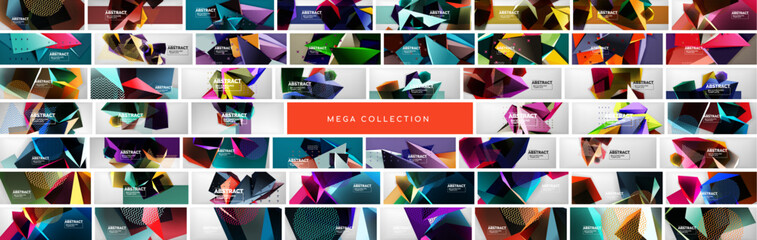 Mega collection of 3d low poly shape pyramid and triangle abstract backgrounds. Backdrop bundle for wallpaper, banner, background, landing page, wall art, invitation, print, posters