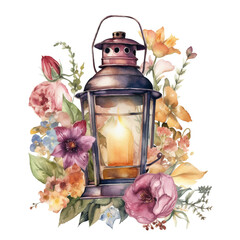 Antique Lantern with flowers watercolor illustration, created with Generative Al technology.