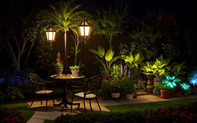 Fototapeta na wymiar View of lamps shining at night in the garden park
