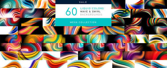 Mega collection of liquid colors wave abstract backgrounds. Backdrop bundle for wallpaper, banner, background, landing page, wall art, invitation, print, posters