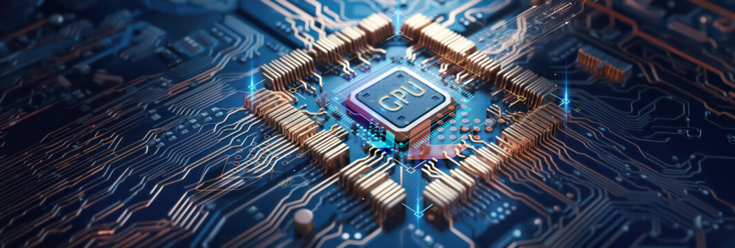 closeup on an advanced GPU ram microchip or cpu of a powerful computer board for artificial intelligence technology as wide banner design with copy space area - Generative AI