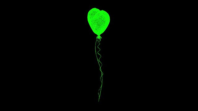 3D Balloon heart with ribbons rotates on black bg. Object dissolved flickering particles. Holiday festive concept. For title, text, presentation. 3d animation 60 FPS
