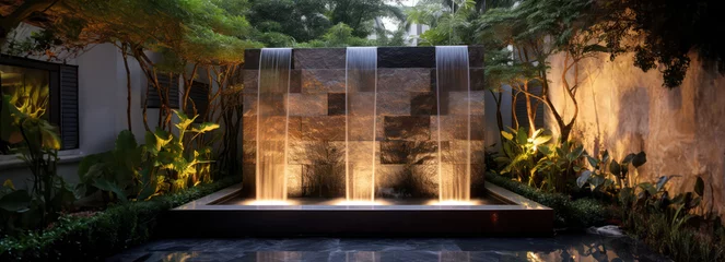 Peel and stick wall murals Chocolate brown outdoor home modern water feature fountain waterfall as wide banner with copy space area for garden landscape design concepts - Generative AI
