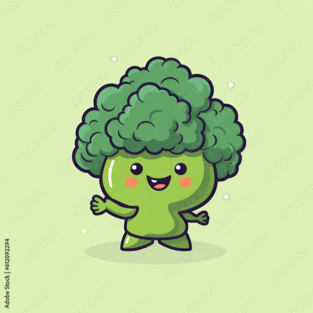 Poster a cartoon broccoli character with a happy face. generative ai image.