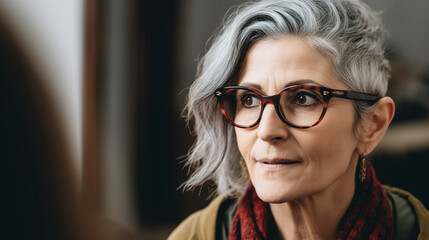 middle-aged adult woman with gray hair, short hairstyle, glasses, scarf, sits and looks out the window during a conversation, distracted, unfocused, lost in thought, fictitious place
