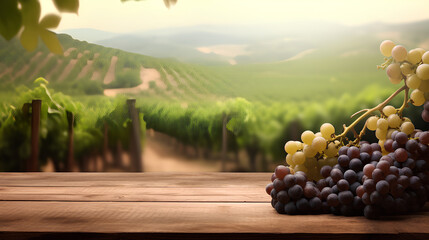 Bunches of grapes lie on a wooden table in a rustic style against the background of a grape plantation. The concept of winemaking. Generative AI. - obrazy, fototapety, plakaty