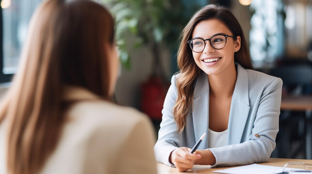 a young adult woman in a business suit, with long brunette hair, a ballpoint pen, at a desk in a large office, employees in a fictitious industry, conduct or advise or sell