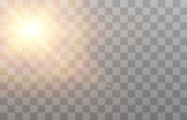 Vector light with glare. Golden light png. Flash of light png. Glare from the flash. Sun, sunbeams, dawn.