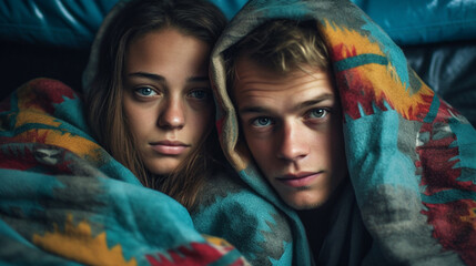 young adult couple wrapped in a blanket, traveling in a car or homeless, sad facial expression or uncomfortable sleeping, man and woman